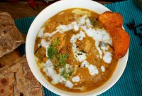 Roasted Eggplant & Sweet Potato Curry with Cheesy Paratha