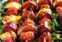 Halloumi & Chorizo Skewers with Tomatoes and Honey-Lime Dressing