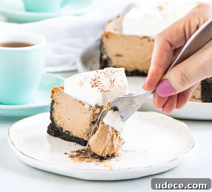 Decadent Espresso Cheesecake Recipe with Coffee Crust 7 hand holding a fork digging into a slice of cheesecake on a white plate