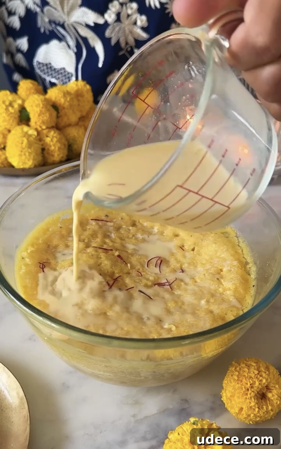 One-Bowl No-Oven Rasmalai Milk Cake Recipe 5 Microwave-safe bowl with batter