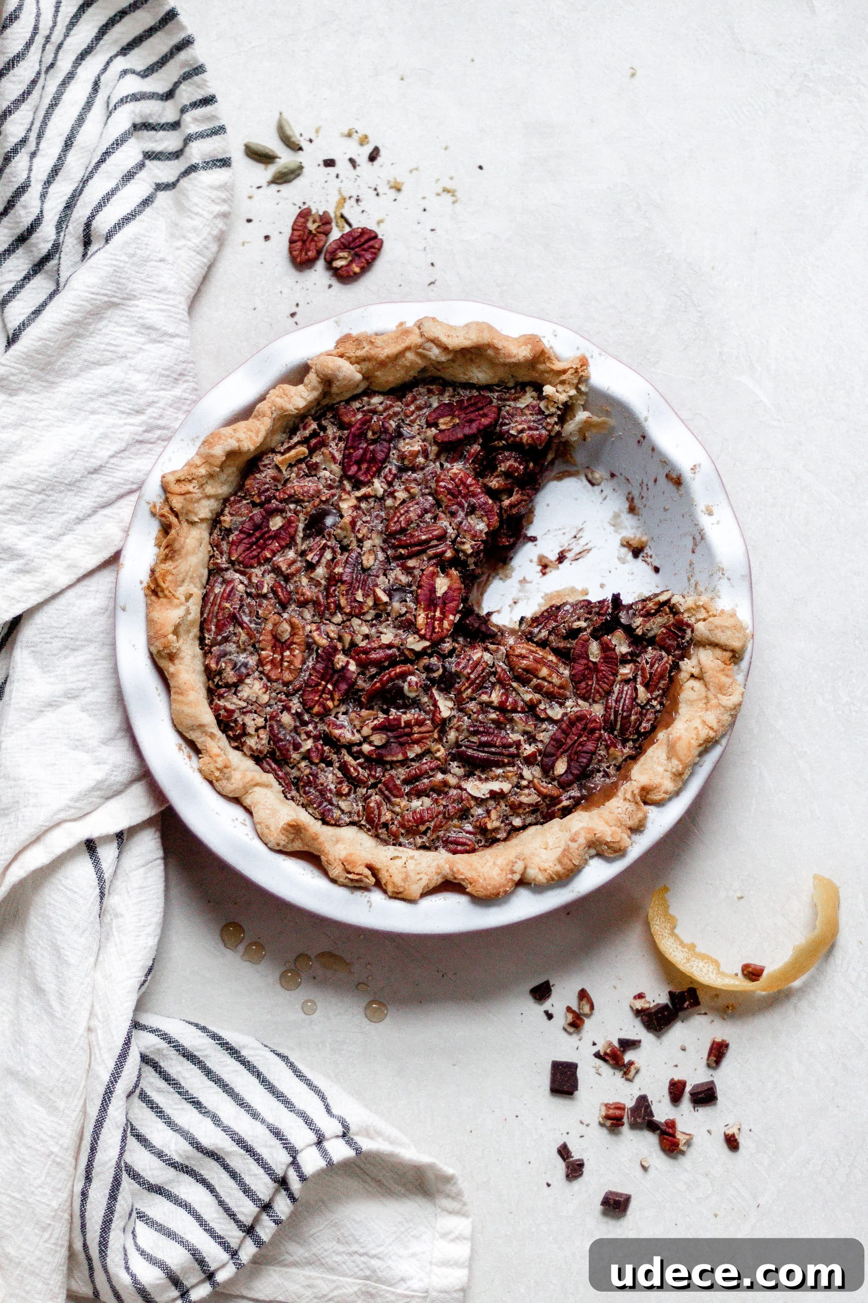 Vegan Maple Pecan Pie with Bittersweet Chocolate, Orange, and Cardamom