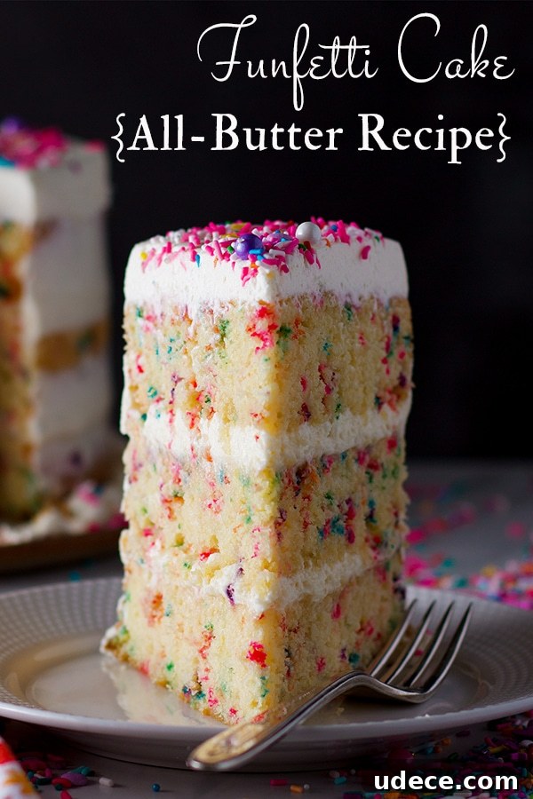 All-Butter Funfetti Cake & Cupcakes Recipe 2 A slice of Funfetti Cake with Classic American Buttercream.