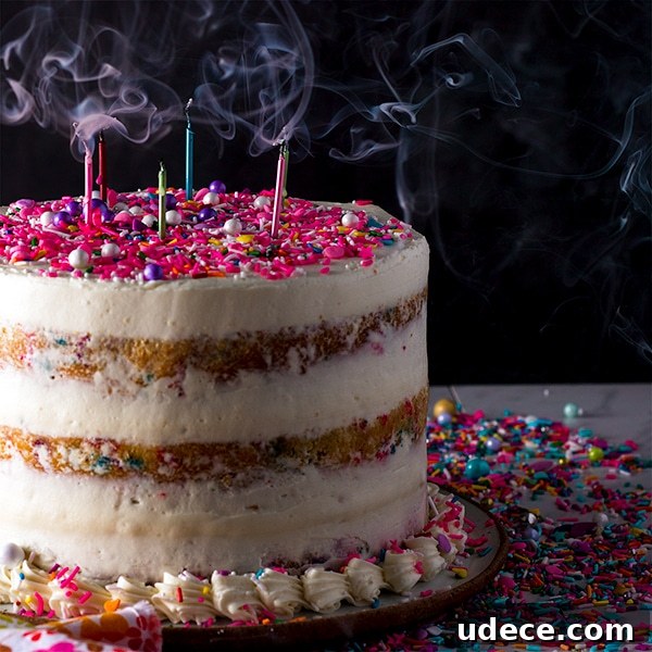 All-Butter Funfetti Cake & Cupcakes Recipe 8 Funfetti Cake with Classic American Buttercream topped with candles that have just been blown out.