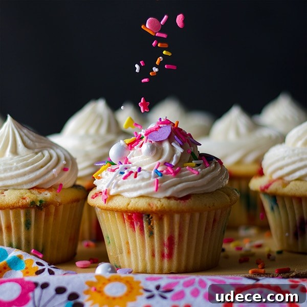 All-Butter Funfetti Cake & Cupcakes Recipe 3 Adding sprinkles to the top of Funfetti Cupcakes with Classic American Buttercream