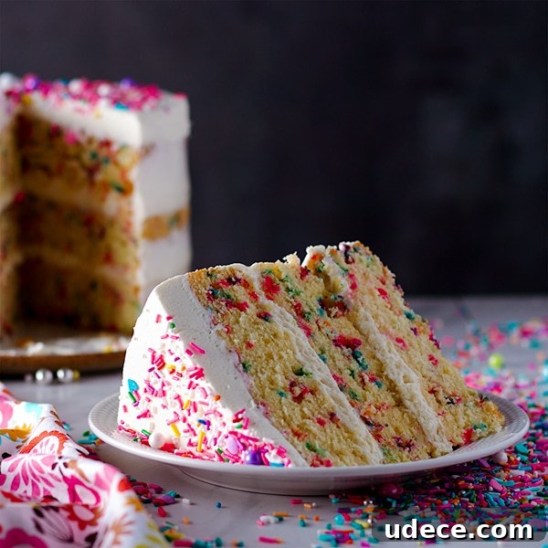 All-Butter Funfetti Cake & Cupcakes Recipe 4 A slice of Funfetti Cake with Classic American Buttercream.