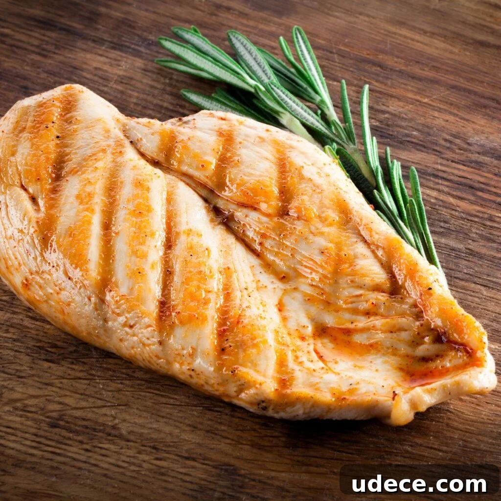 A cooked chicken breast with a sprig of rosemary.