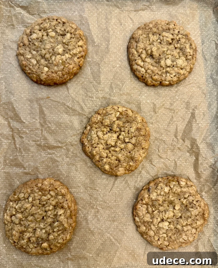 Five oatmeal cookies on a parchment paper lined tray.