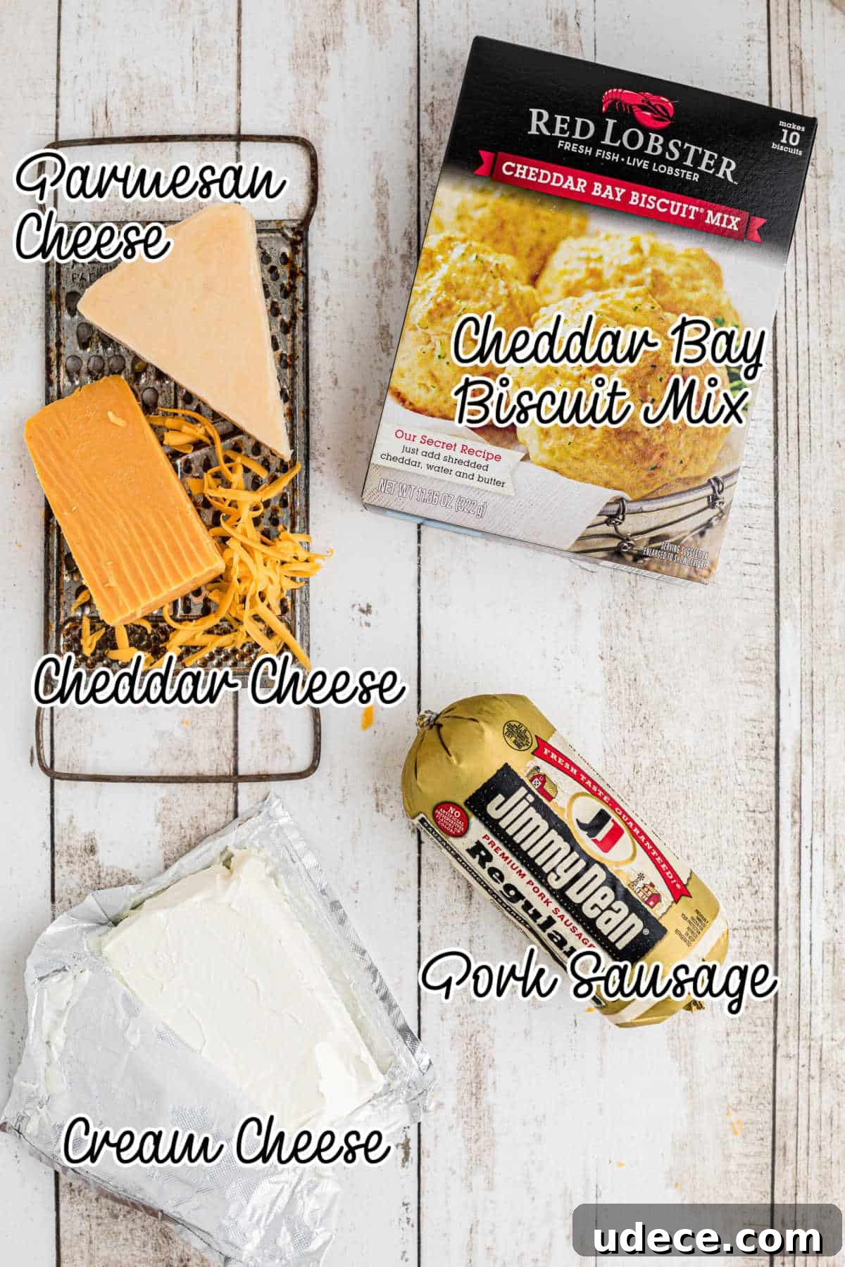 Cheddar Bay-Style Sausage Balls Recipe for Parties and Snacks 3 Ingredients needed to make cheddar bay sausage balls.