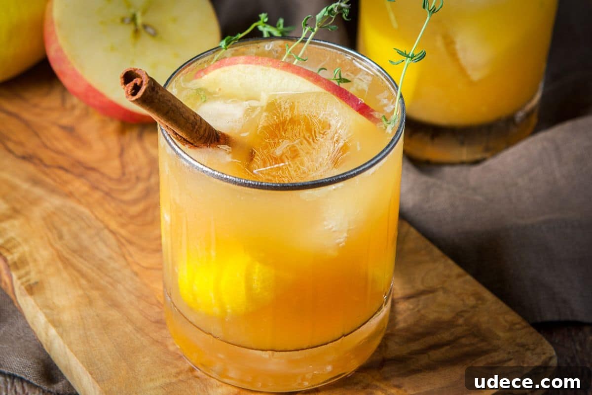 Apple Cider Bourbon Smash Cocktail Recipe 3 A glass on a board filled with the apple drink with a sliver of apple, cinnamon stick, and herbs