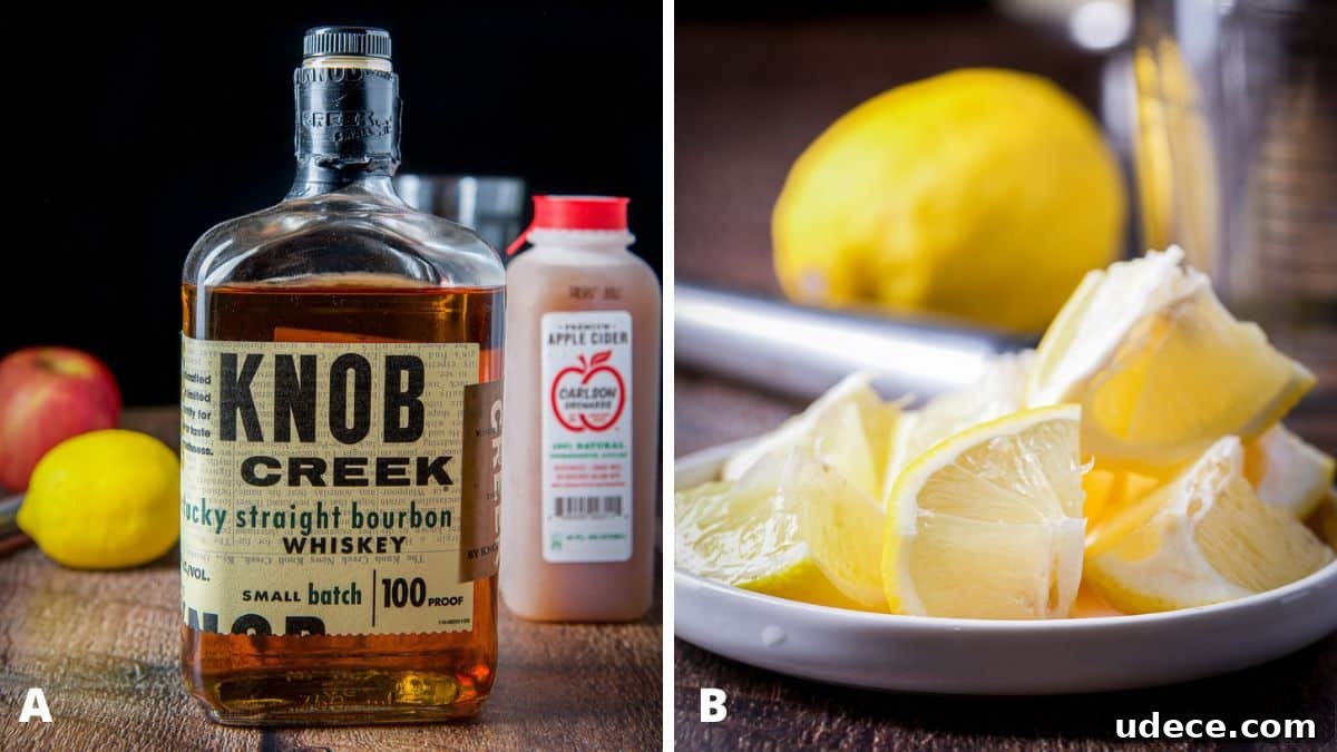 Apple Cider Bourbon Smash Cocktail Recipe 4 Left - bourbon, apple cider, lemon, and an apple. Right - cut up lemon on a plate with lemon in the back