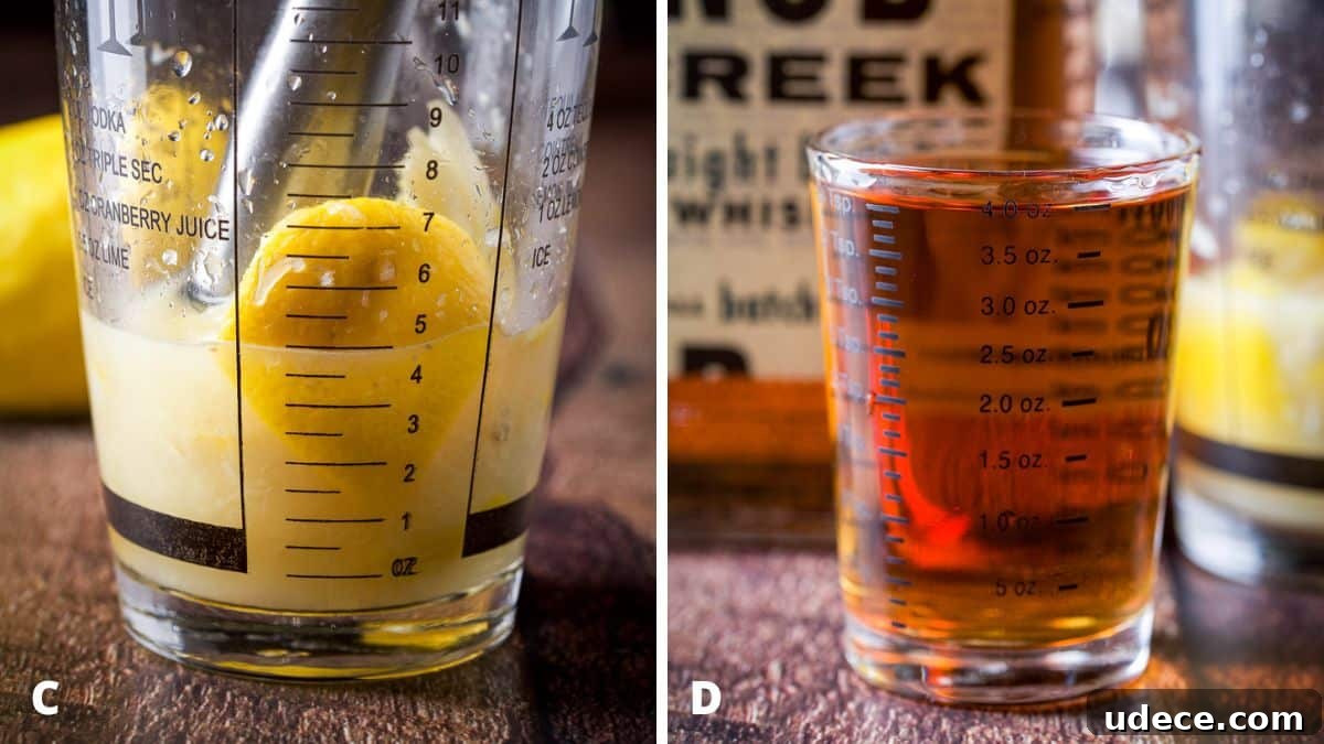 Apple Cider Bourbon Smash Cocktail Recipe 5 Left - a glass cocktail shaker with lemon muddled. Right - bourbon measured out