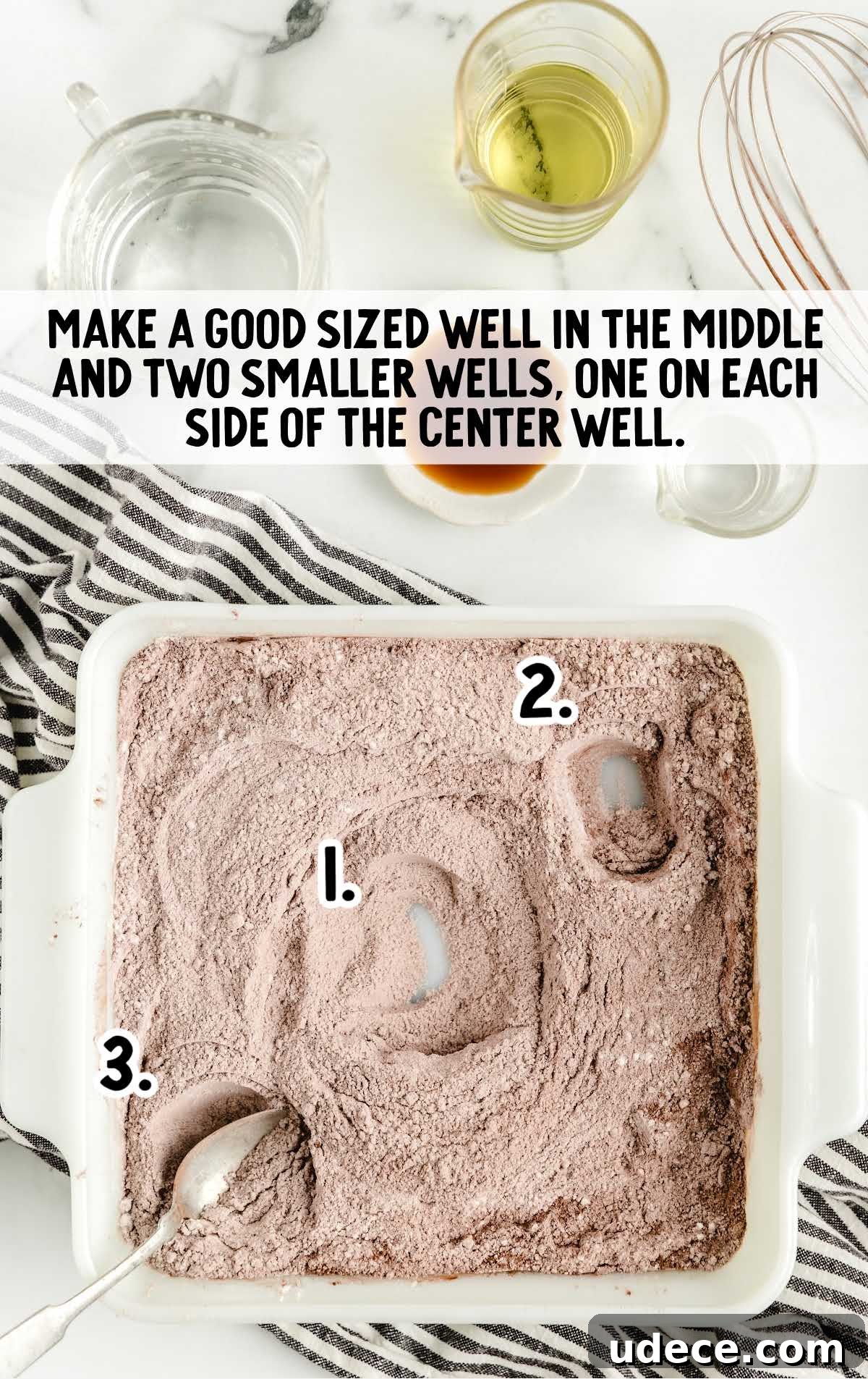 Surprising No-Egg Crazy Cake Recipe: Moist Chocolate Cake Without Eggs 5 wells made in the cake batter