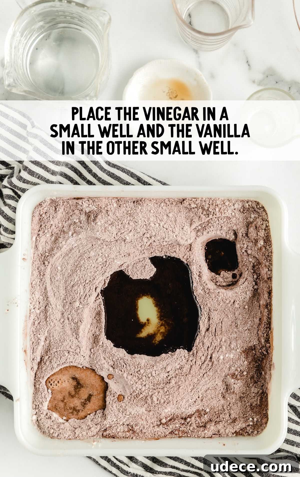 Surprising No-Egg Crazy Cake Recipe: Moist Chocolate Cake Without Eggs 6 vinegar and vanilla placed in the wells in the cake mix