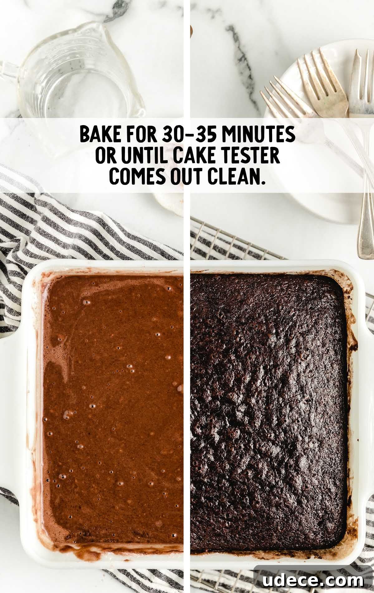 Surprising No-Egg Crazy Cake Recipe: Moist Chocolate Cake Without Eggs 7 cake batter before and after being baked in a cake pan