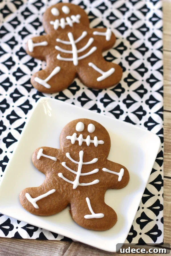 vegan gingerbread cookies with skeleton icing for halloween