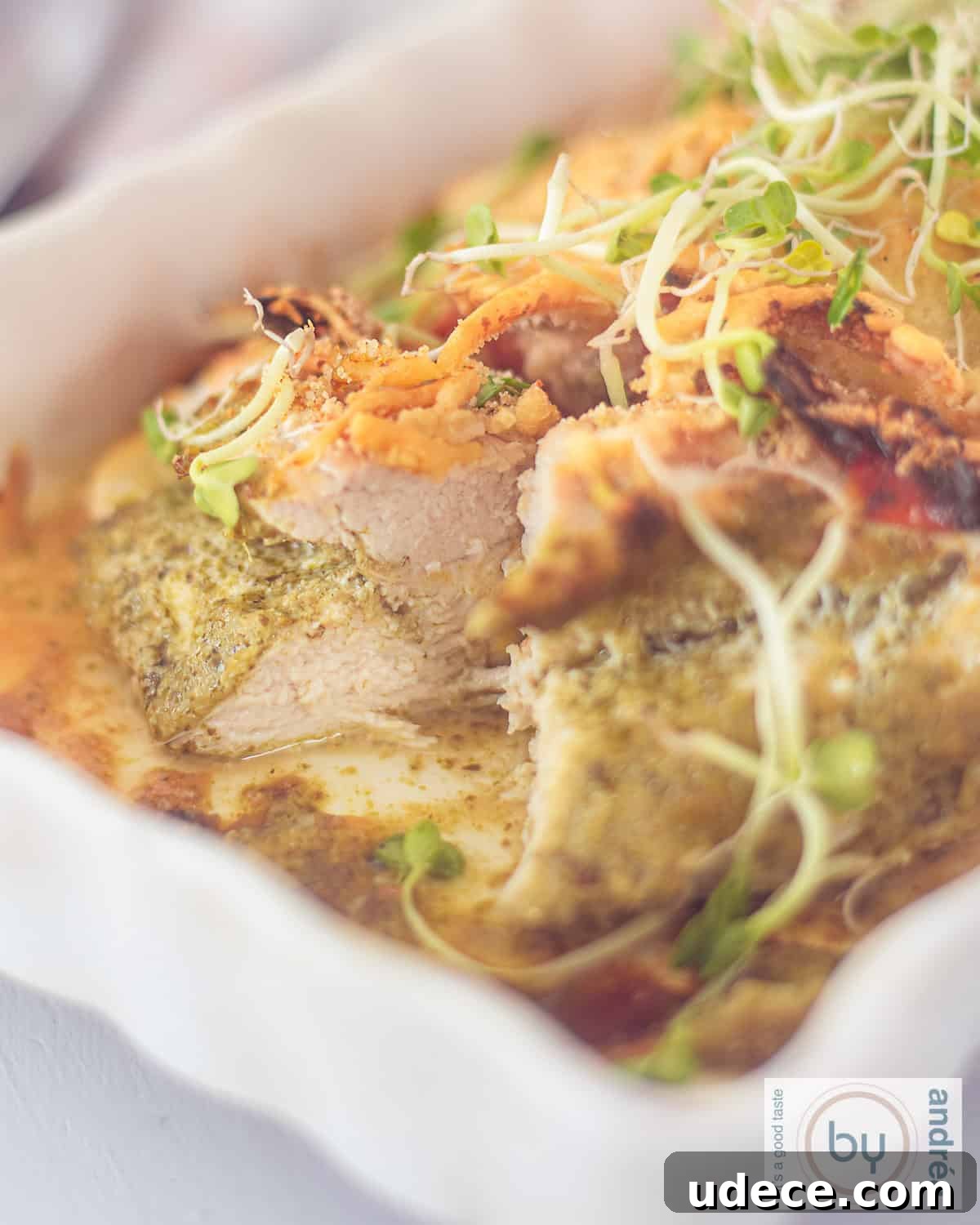 Baked Pesto Chicken with Sun-Dried Tomatoes and Melted Cheese 2 A white oven dish with chicken fillet, cut open with pesto and cheese.