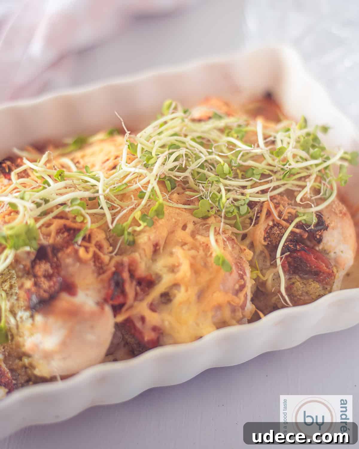 Baked Pesto Chicken with Sun-Dried Tomatoes and Melted Cheese 3 A casserole with chicken fillet with pesto and cheese.