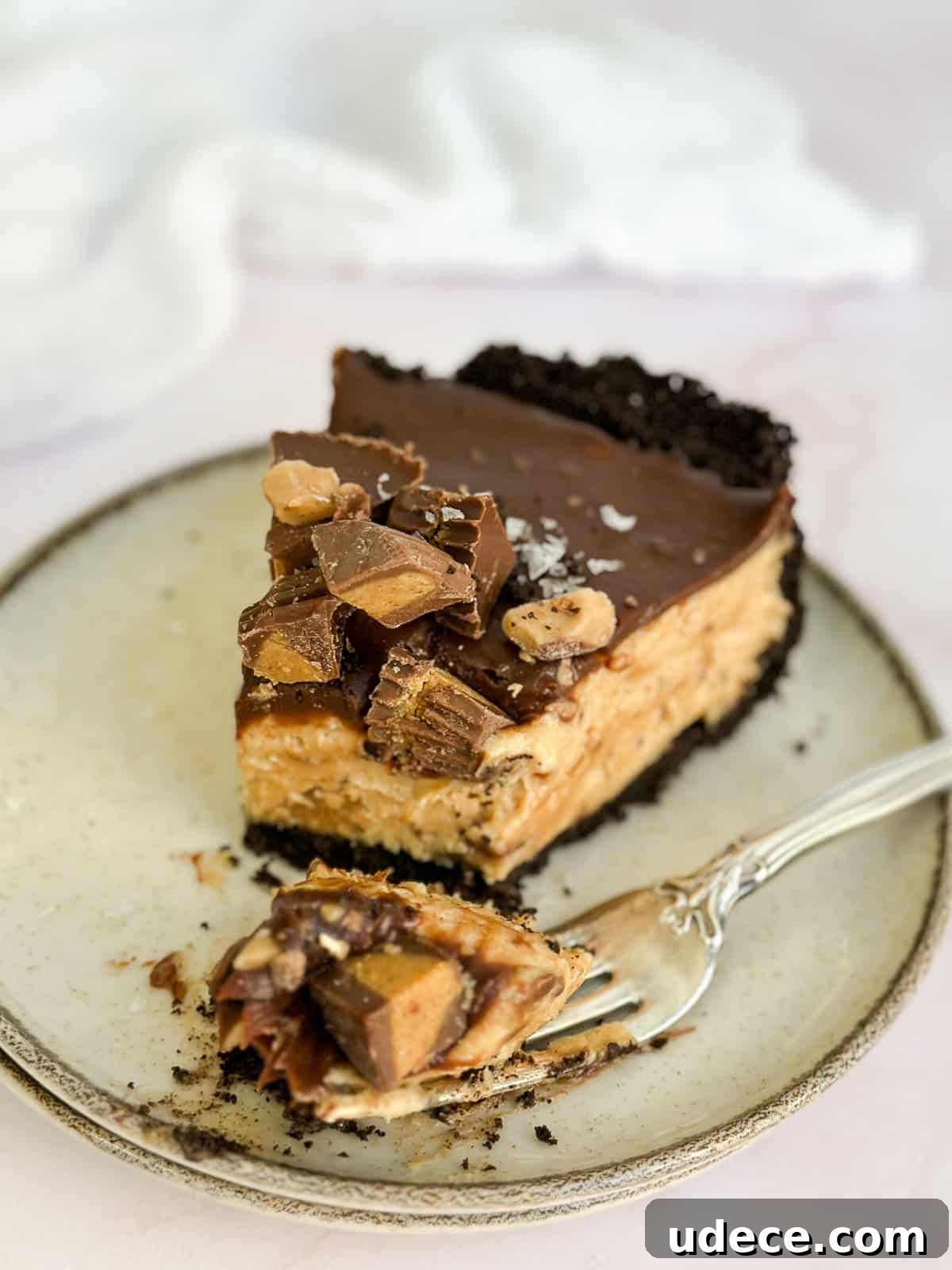 Decadent Peanut Butter Pie with Chocolate Ganache Recipe 12 a bite missing from a slice of peanut butter pie with chocolate ganache on top.