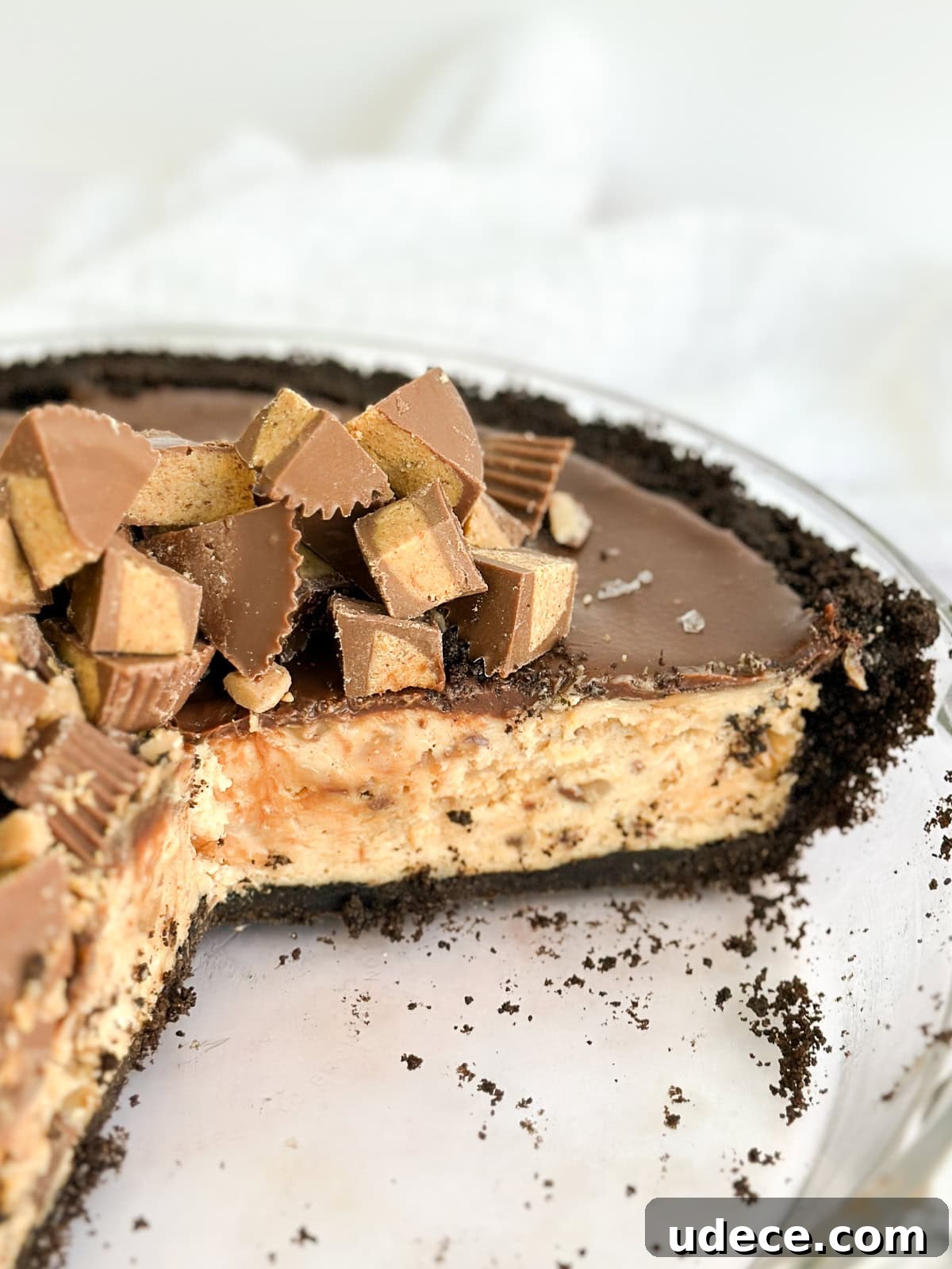 Decadent Peanut Butter Pie with Chocolate Ganache Recipe 3 a cut side view of the peanut butter pie with chocolate ganache showing the inside.