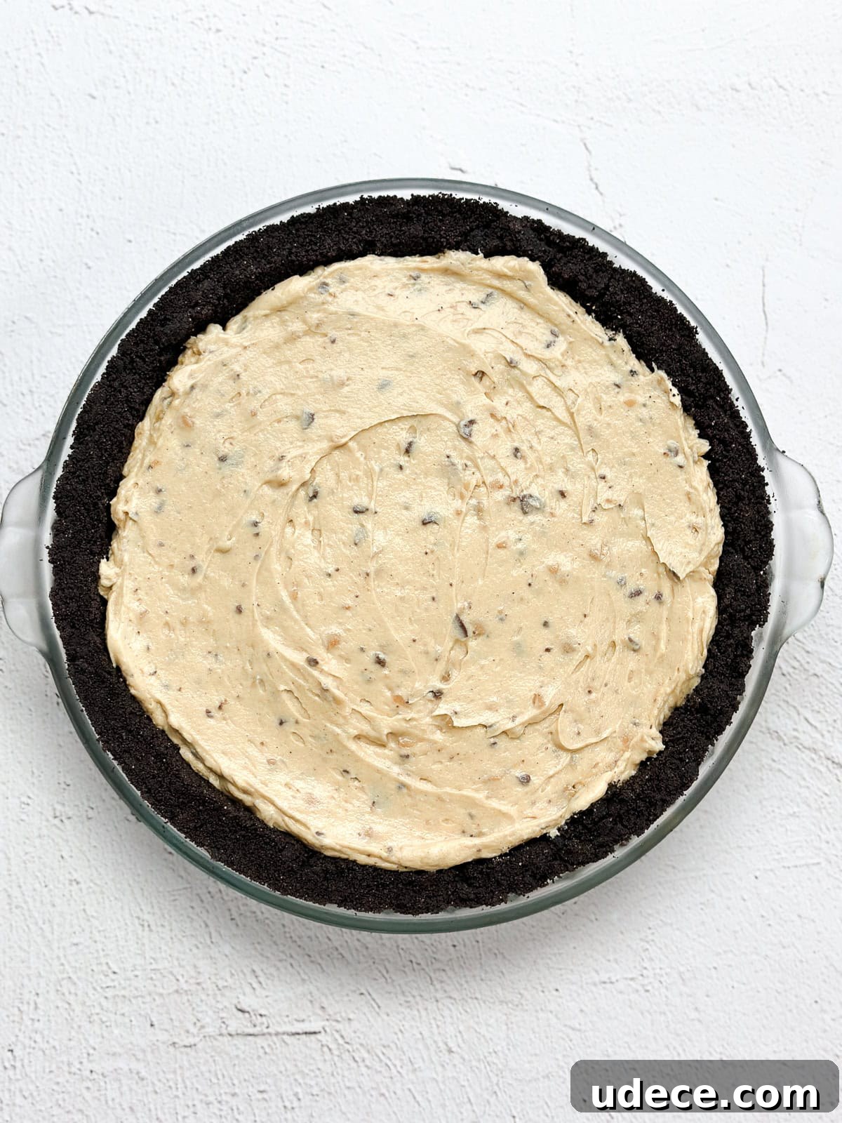 Decadent Peanut Butter Pie with Chocolate Ganache Recipe 8 peanut butter filling placed in the oreo crust.