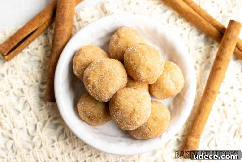 Edible Snickerdoodle Cookie Dough Recipe 3 edible snickerdoodle cookie dough bites in bowl from overhead