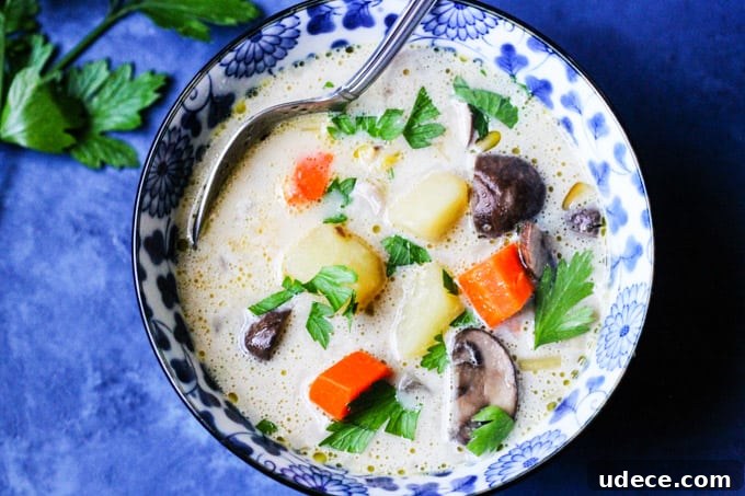 Homemade mushroom chunky soup in a blue bowl
