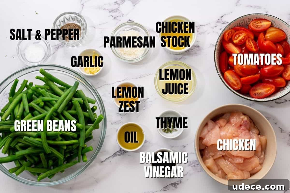 Green Beans and Chicken Ingredients labeled on white counter for chicken green bean skillet.