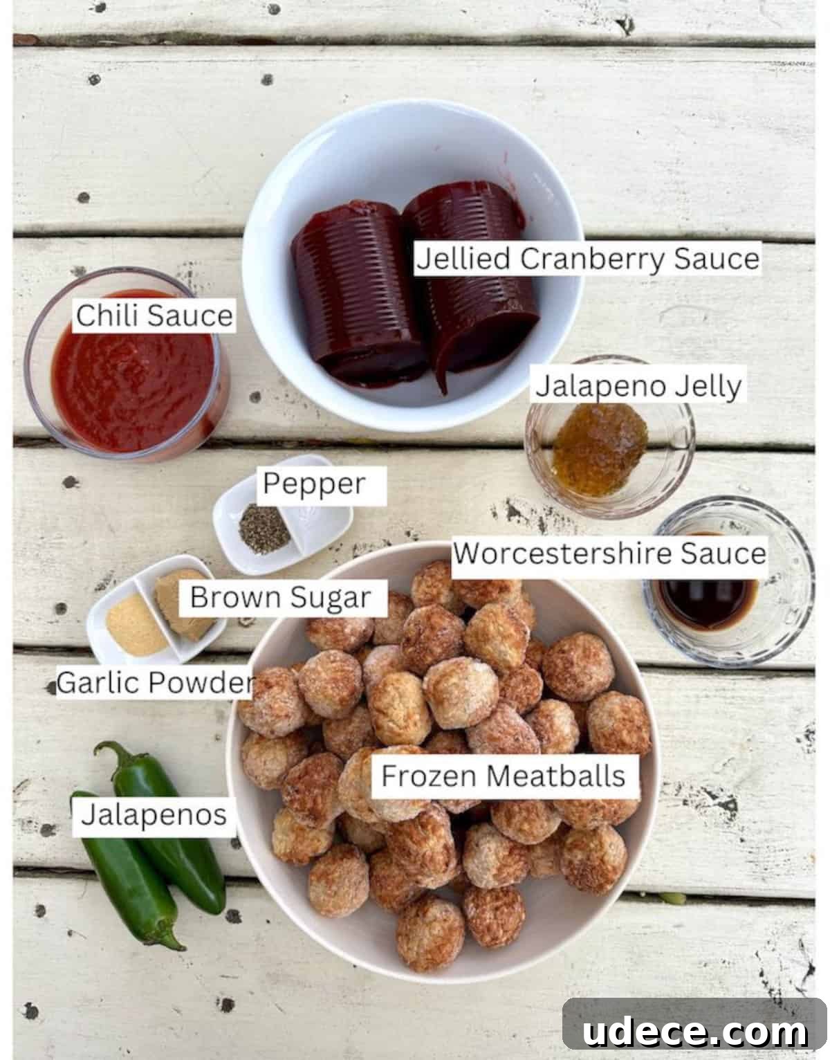 Sweet and Spicy Cranberry Jalapeño Meatballs Recipe 3 Ingredients for cranberry jalapeno meatballs in small bowls on a table.
