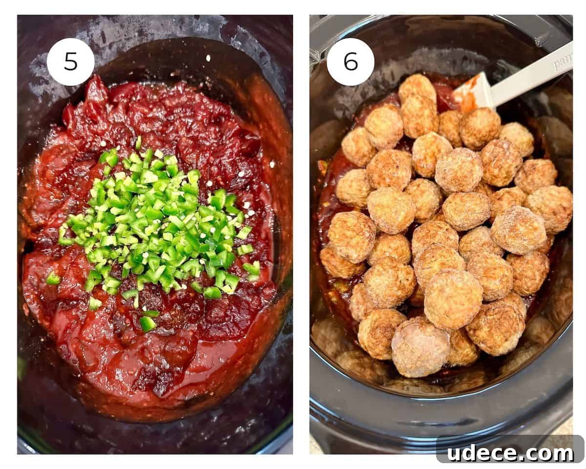 Sweet and Spicy Cranberry Jalapeño Meatballs Recipe 6 Cranberry sauce with chili sauce and diced peppers in a slow cooker with frozen meatballs.