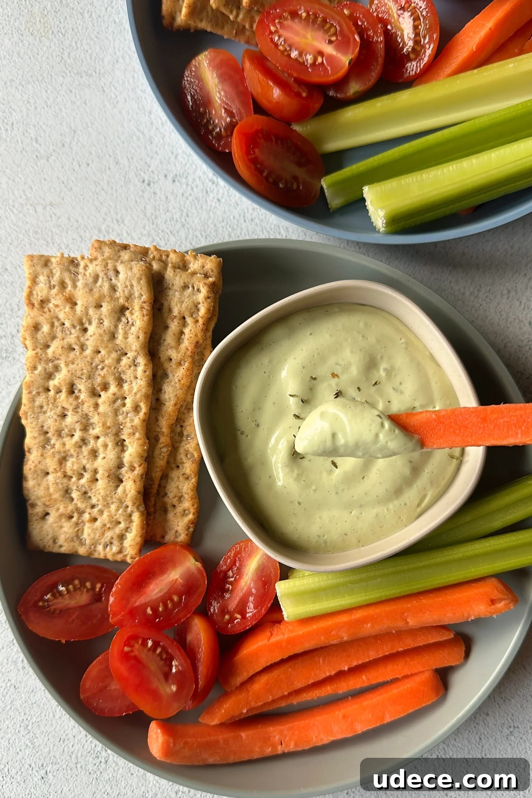 Creamy Avocado and Cottage Cheese Dip Recipe for Snacks 2 Avocado cottage cheese dip served with veggies and crackers.