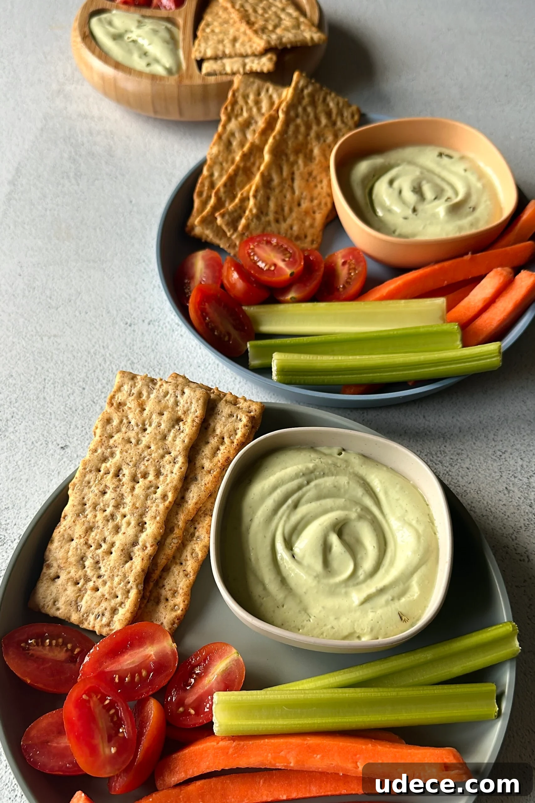 Creamy Avocado and Cottage Cheese Dip Recipe for Snacks 5 Avocado cottage cheese dip served with veggies and crackers.