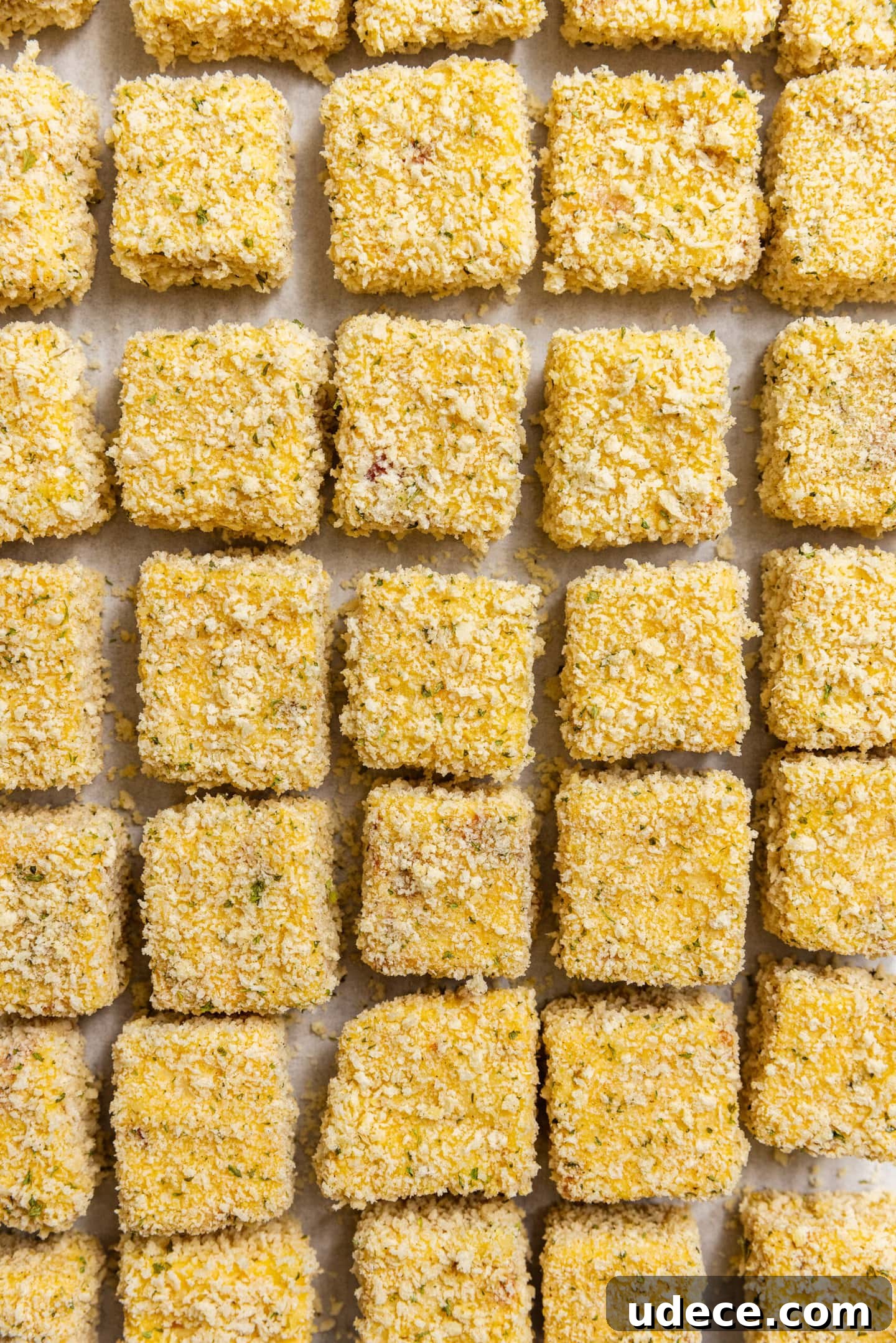 Crispy Homemade Mac and Cheese Bites: Bite-Sized Comfort Food 11 breaded mac and cheese bites on a baking sheet.