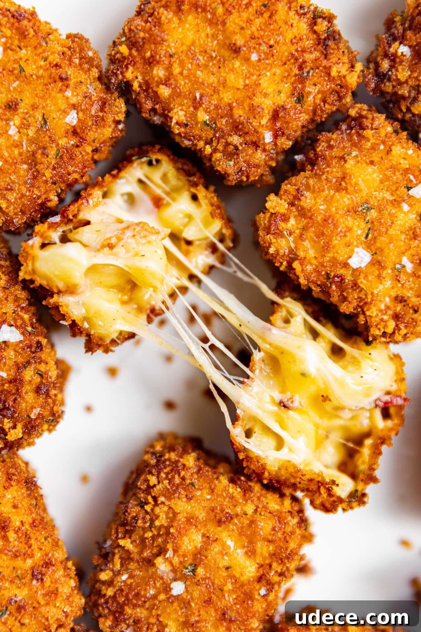 Crispy Homemade Mac and Cheese Bites: Bite-Sized Comfort Food 13 Fried Mac and Cheese Bite pulled apart showing cheesy interior