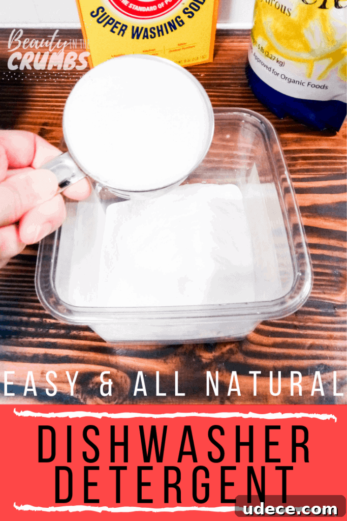 Homemade Dishwasher Detergent Recipe for Sparkling Dishes 5 A DIY powder dishwasher detergent that is all natural, easy to make and actually works! Non toxic ingredients, no borax, and no soap grating!