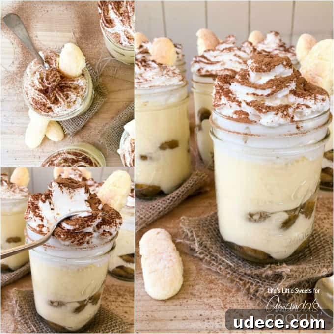 A collection of photos of tiramisu trifles in mason jars.