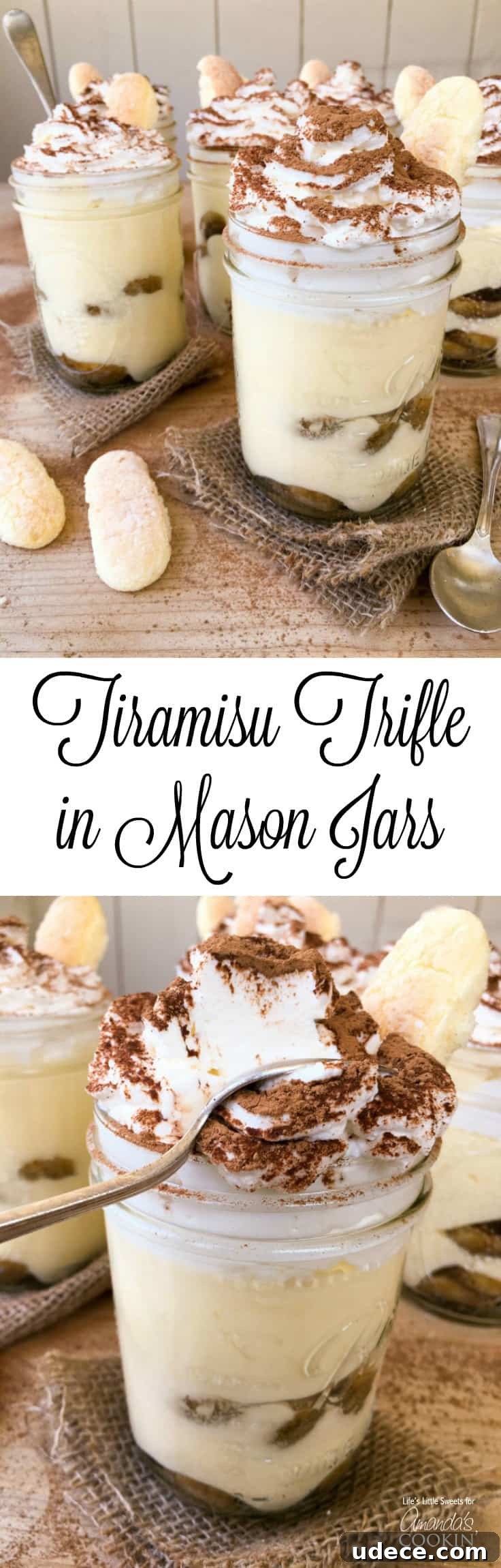 Photos of tiramisu trifle in mason jars.