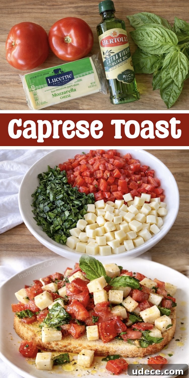 Chopped Caprese Toast: Fresh Tomato, Basil & Mozzarella Recipe 9 Chopped Caprese Toast is a light vegetarian summer time meal made with toasted bread, fresh tomatoes, fresh basil, mozzarella cheese, seasoning, and extra virgin olive oil.