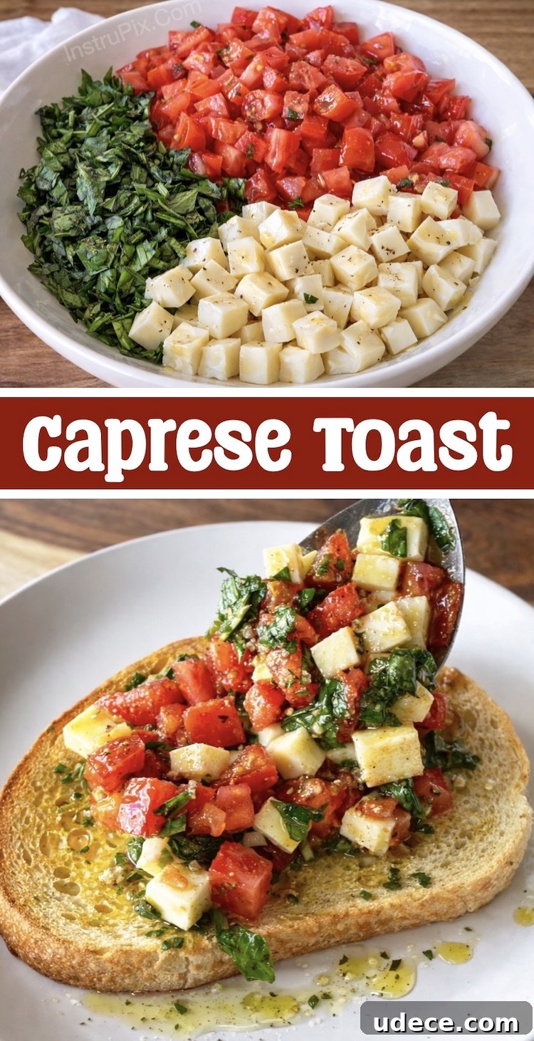 Chopped Caprese Toast: Fresh Tomato, Basil & Mozzarella Recipe 10 Light no-bake lunch or dinner made with fresh vegetarian ingredients including toasted bread, tomatoes, cheese, basil, and olive oil to make a yummy meal with no baking or cooking required.