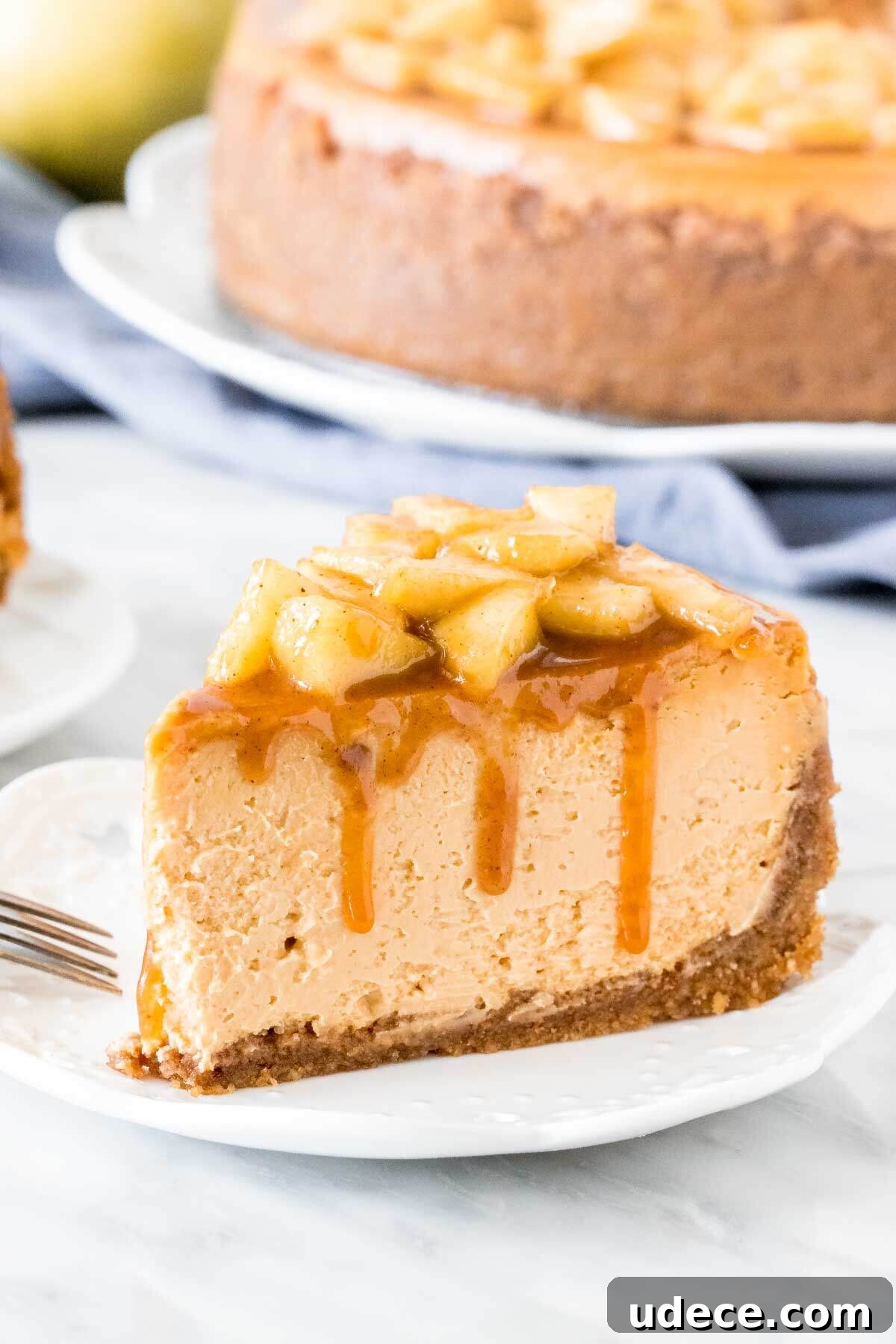 Caramel Apple Cheesecake Recipe with Crunchy Streusel Topping 2 Slice of caramel apple cheesecake on a plate.