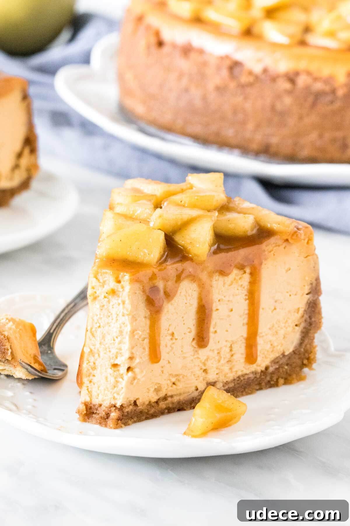 Caramel Apple Cheesecake Recipe with Crunchy Streusel Topping 5 Slice of caramel cheesecake topped with cinnamon apples with a bite taken out of it.