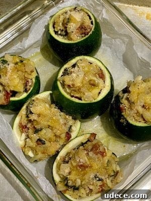 Zucchini Boats Stuffed with Savory Cheese and Herbs 16 Stuffed Zucchini Ready to Roast