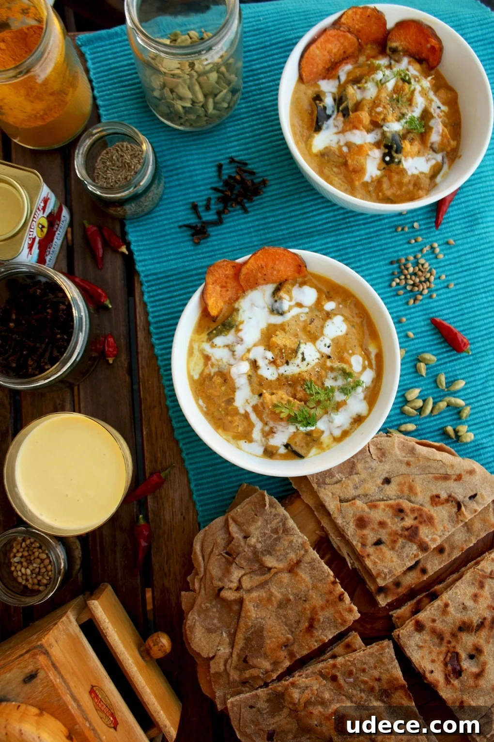 Roasted Eggplant & Sweet Potato Curry with Cheesy Paratha 5 Eggplant Sweet Potato Curry in Bowls with Paratha