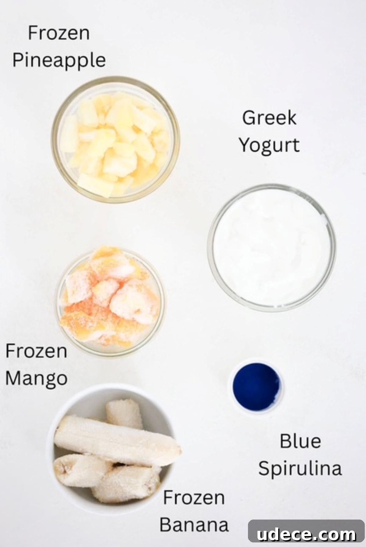 Vibrant Blue Spirulina Smoothie Bowl Recipe for Instagram-Worthy Breakfast 3 Blue smoothie bowl ingredients, labeled.