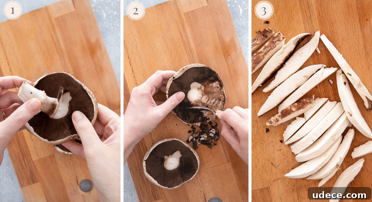baked portobello mushrooms picture collage depicting how to prep portobello mushrooms for baked mushroom fries recipe