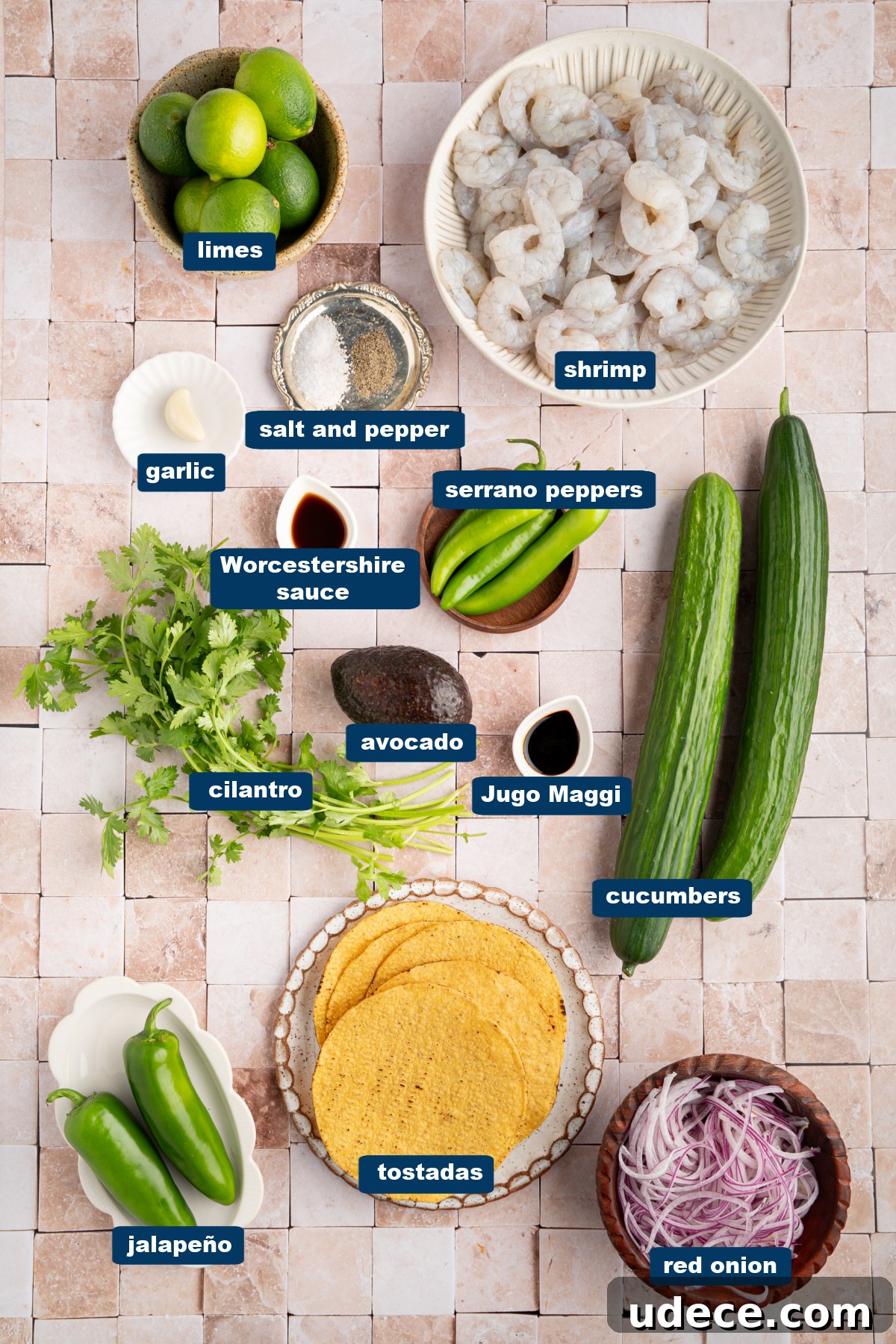 Aguachile de Camarón: Spicy Mexican Shrimp Recipe 2 All of the ingredients for Aguachile in bowls on countertop.