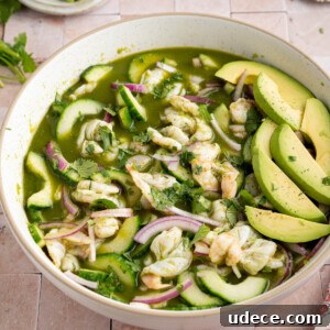 Aguachile de Camarón: Spicy Mexican Shrimp Recipe 11 The finished aguachile wit the sliced avocado and extra cilantro garnished on top.