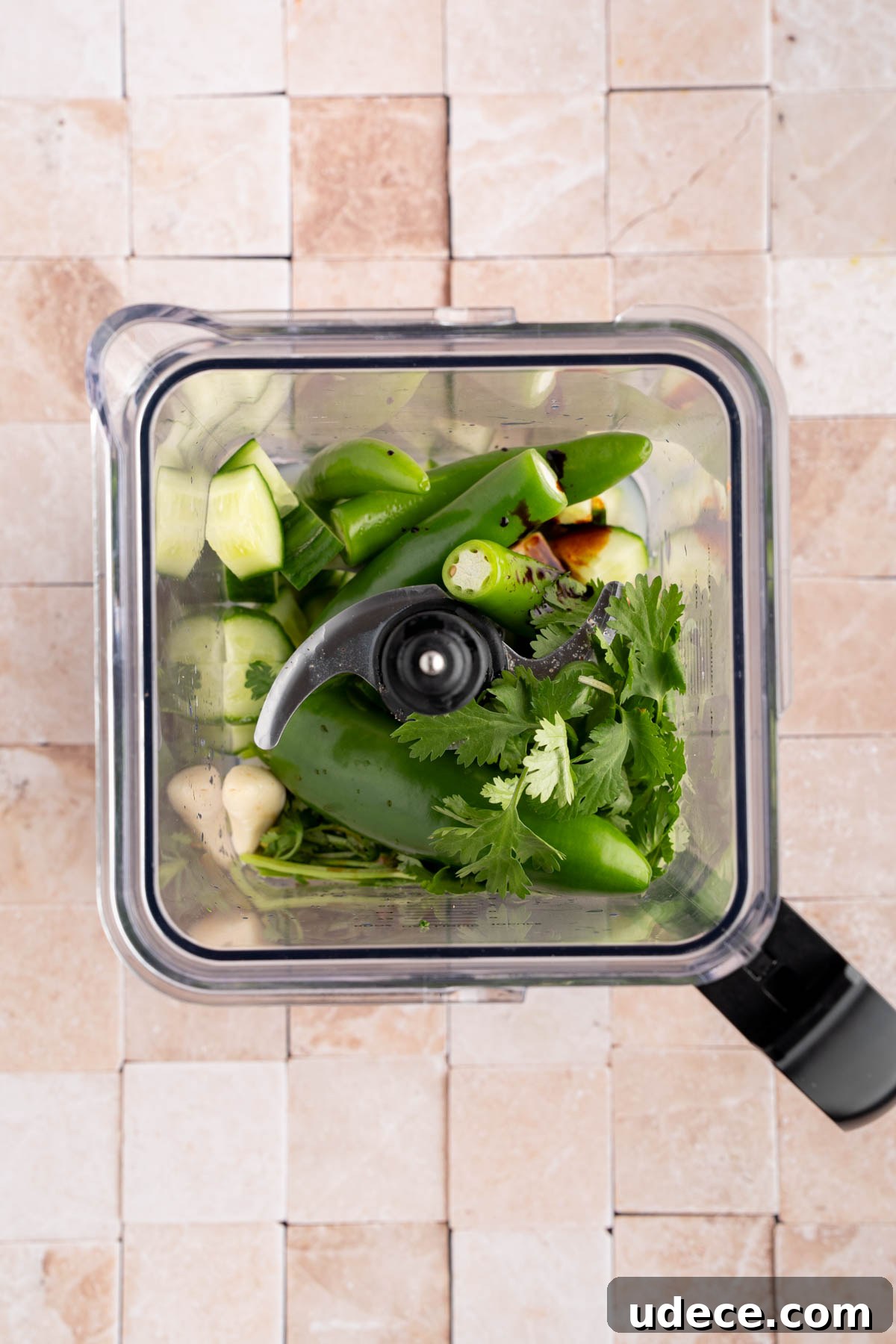 Aguachile de Camarón: Spicy Mexican Shrimp Recipe 5 The cucumber, peppers, cilantro, garlic, juggo maggi, worcestershire sauce and lime juice in a blender before blending.