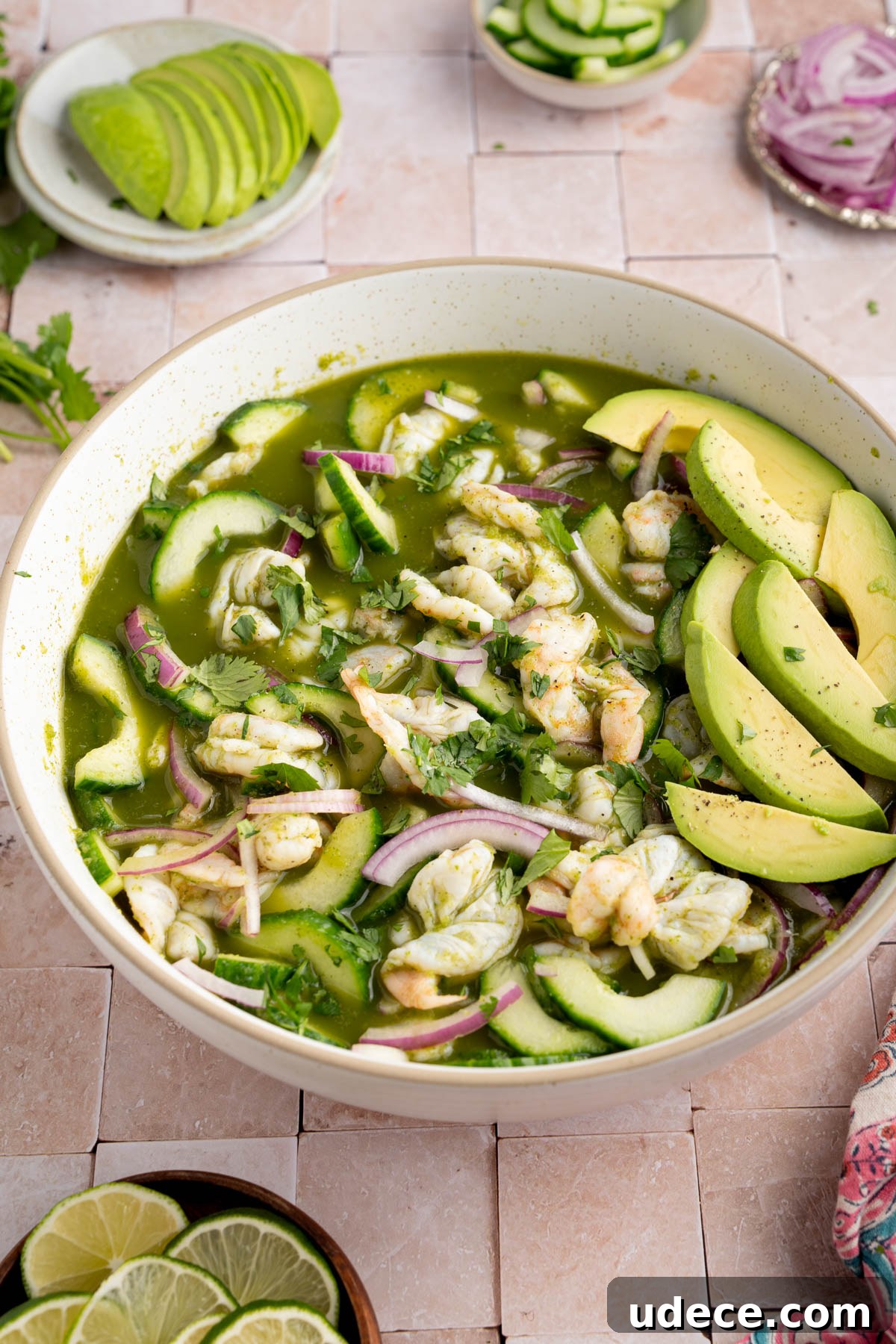 Aguachile de Camarón: Spicy Mexican Shrimp Recipe 9 The finished aguachile wit the sliced avocado and extra cilantro garnished on top.