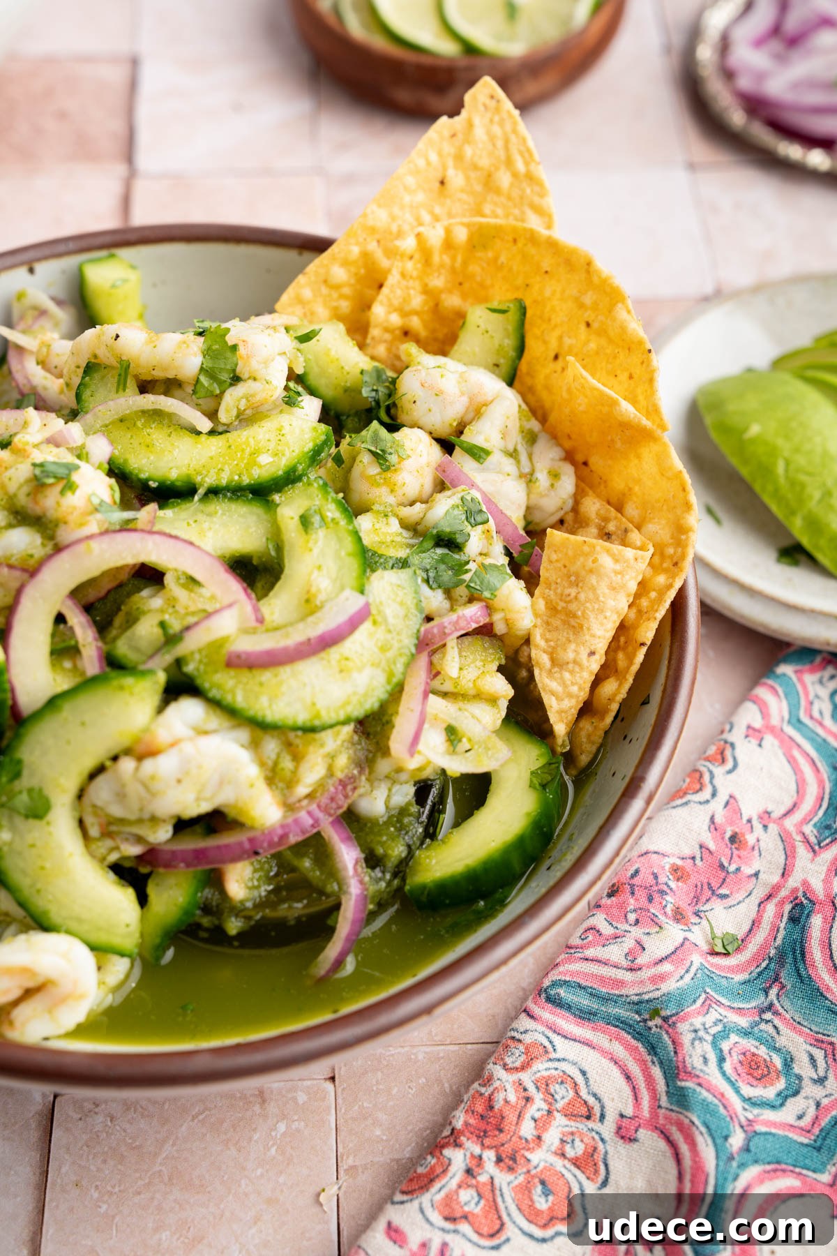Aguachile de Camarón: Spicy Mexican Shrimp Recipe 10 The aguachile in a bowl with a few tortilla chips for serving.