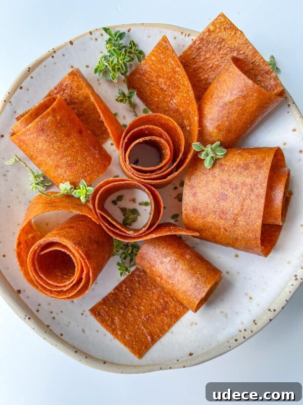 Homemade Fruit Leather (Lavashak): Tangy Fruit Roll Recipe 3 Rolled fruit leather strips on a plate
